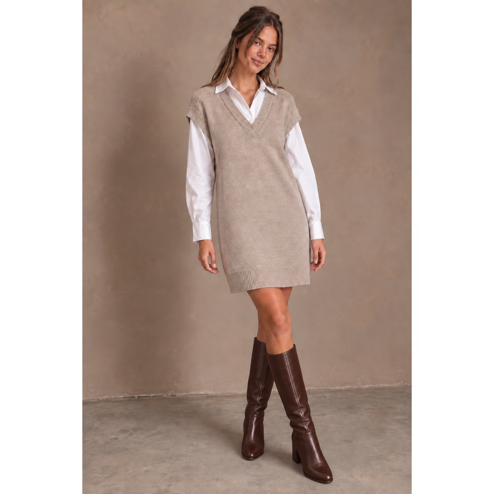 By the River Sweater Dress M Oatmeal Beige Knit Layered Shirt V-Neck